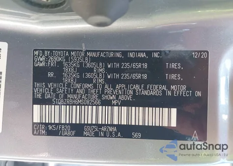 2021 Toyota Highlander Le z USA, uszkodzony, nr VIN 5TDBZRBH6MS082566